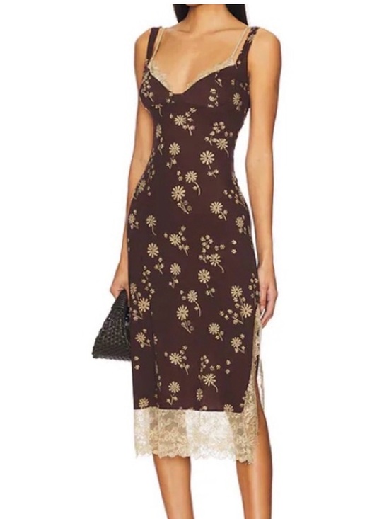 Free People Dresses & Skirts - Free People brown floral tan lace Party Crasher slip midi dress Women’s sz S NWT